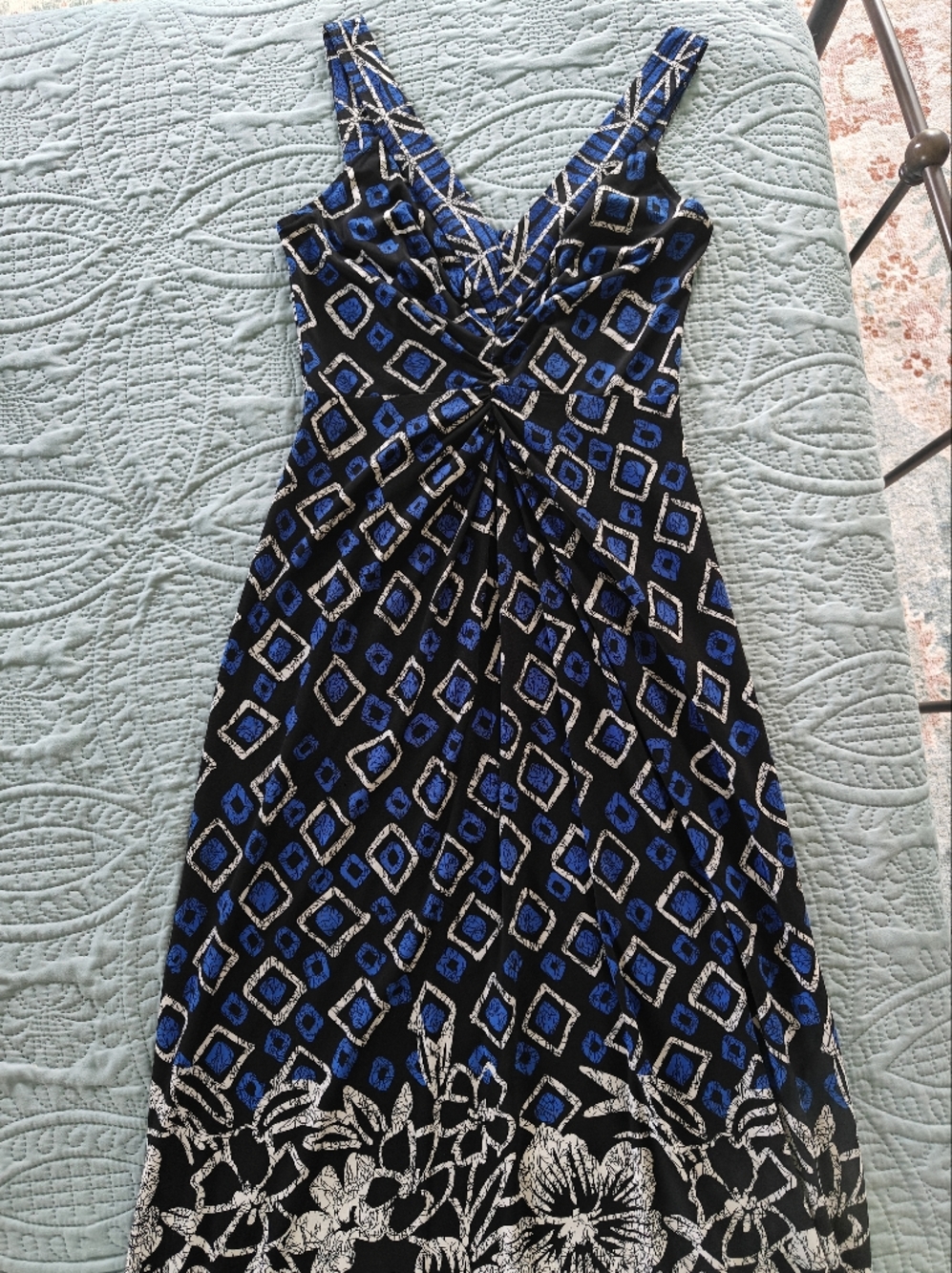 Blue and Black Printed V-Neck Maxi Dress